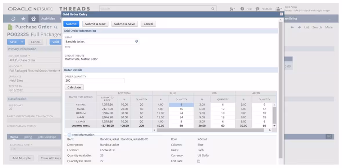 Item matrix NetSuite quản lý size và màu