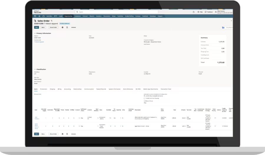 Mẫu chứng từ Sales Order trên hệ thống Oracle NetSuite ERP.