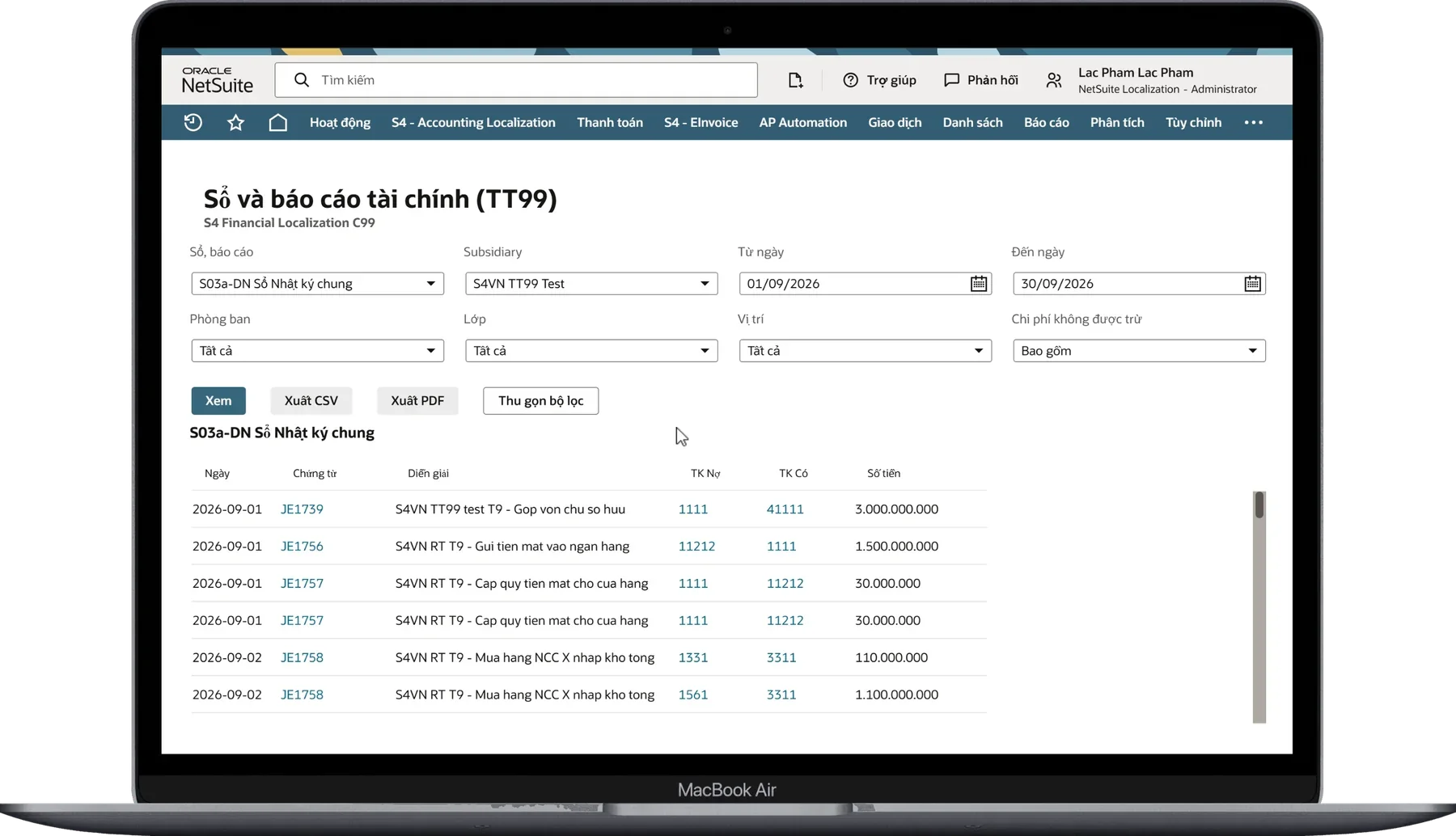 S03a-DN Sổ Nhật ký chung trên NetSuite với cột TK Nợ, TK Có đã tách đối ứng