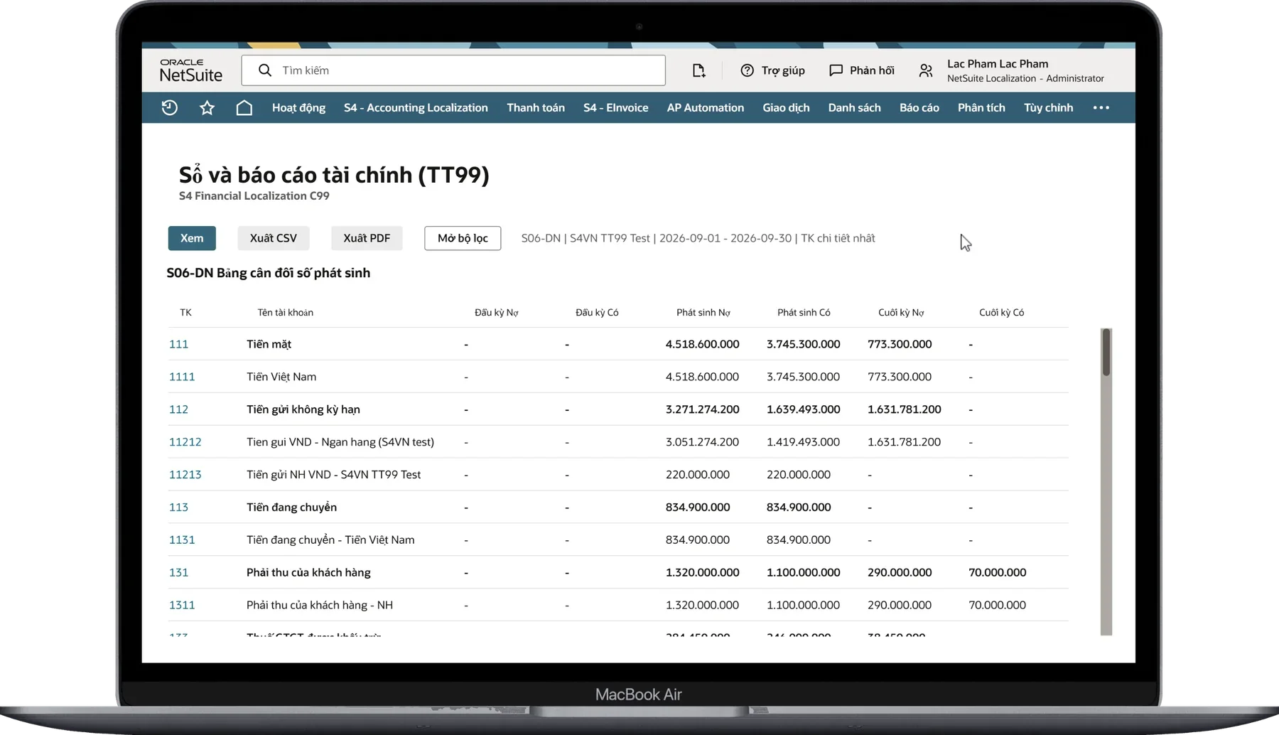 Bảng cân đối số phát sinh S06-DN trên NetSuite
